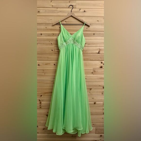Vintage Mike Benet Size Small Lime Green Sequin Babydoll Chiffon Prom Dress - Picture 1 of 13